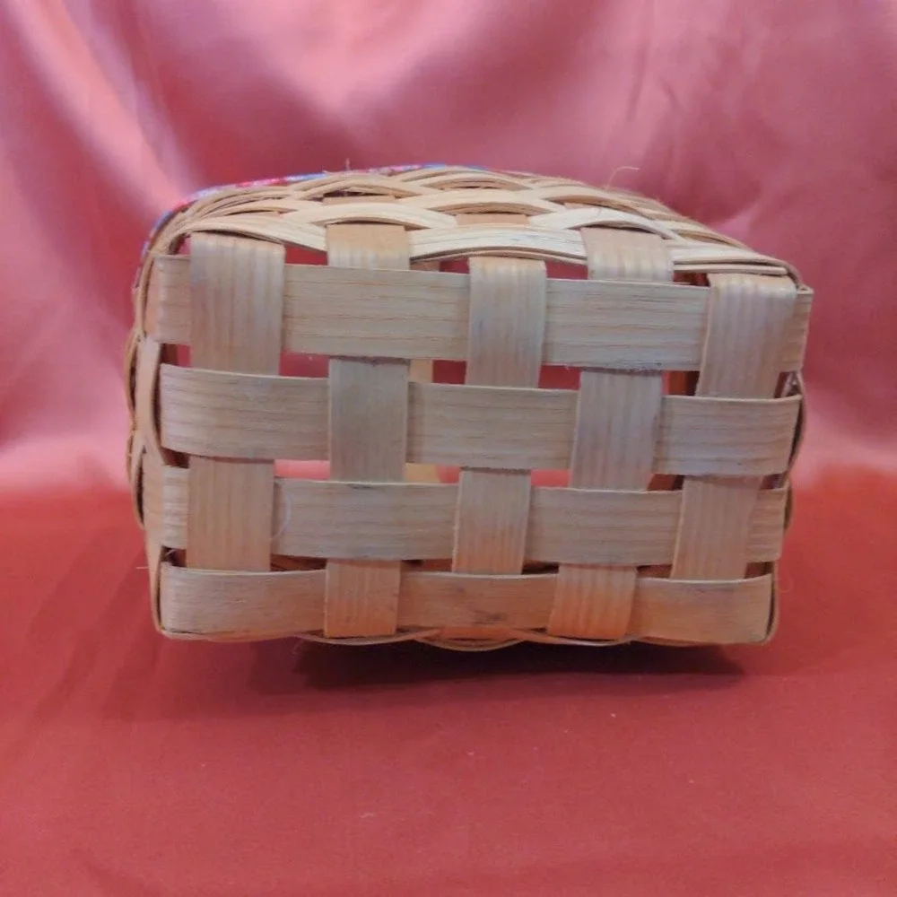 Vintage Woven Wood Splint Basket with Floral Fabric Trim and Fixed Handle